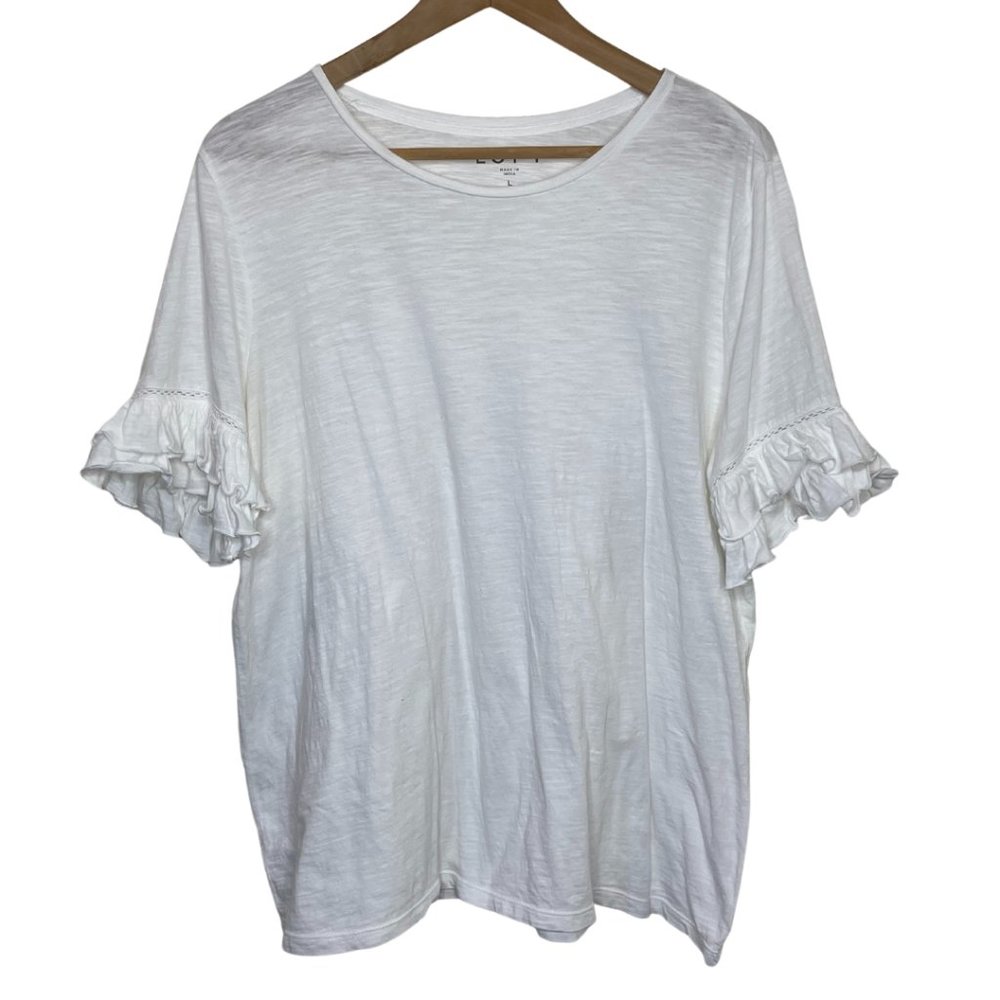 LOFT | White Ruffle Sleeve Short Sleeve Tee Shirt | Size L